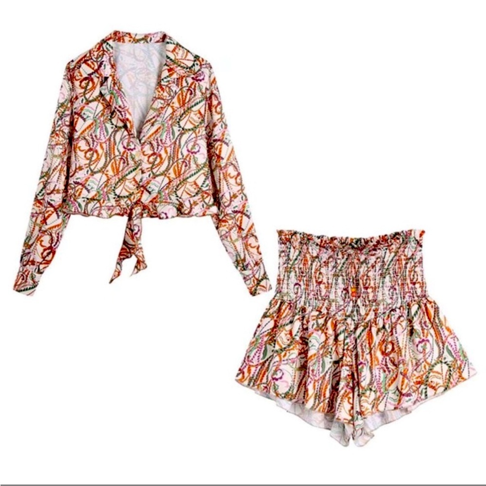 Zara Satin Effect Printed Set Ecru Orange XS Culottes Johnny Collar Crop